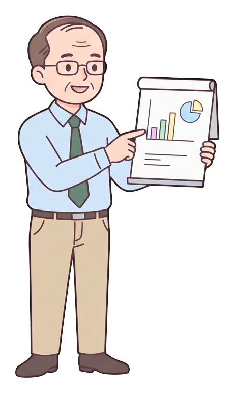 Simple cute flat cartoon illustration with soft pastel colors and thin clean dark outlines of a middle-aged man, office worker presenting in a meeting, pointing at a small chart board, transparent background PNG