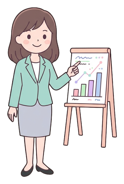 Simple cute flat cartoon illustration with soft pastel colors and thin clean dark outlines of a young woman, office worker presenting in a meeting, pointing at a small chart board, transparent background PNG