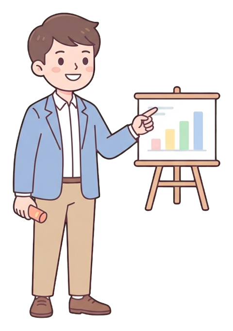 Simple cute flat cartoon illustration with soft pastel colors and thin clean dark outlines of a young man, office worker presenting in a meeting, pointing at a small chart board, transparent background PNG