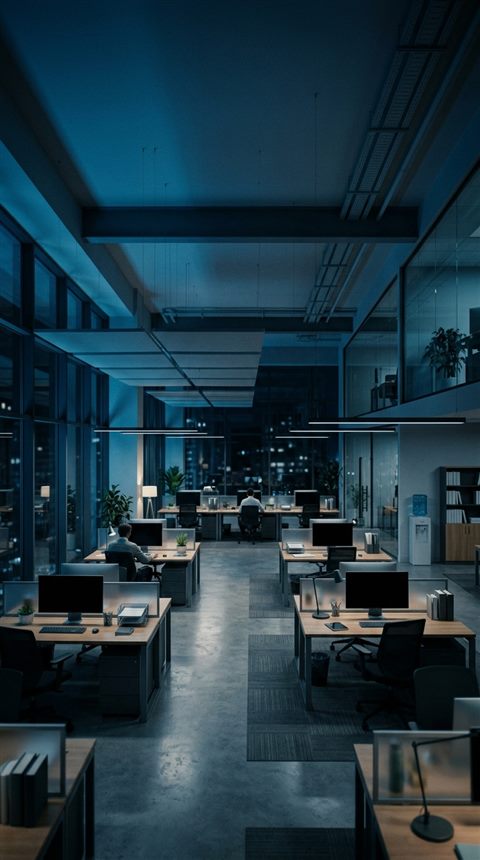 Cinematic film still of modern office, wide shot with open space at the top for text, cool blue tones, quiet atmosphere, 9:16 aspect ratio