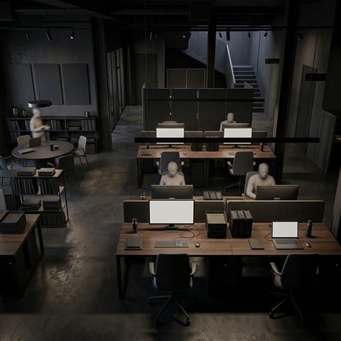 현대적인 사무실, 부드러운 3D 렌더링, 위에서 내려다본 구도, 어두운 톤, 극적인 조명, 1:1 비율