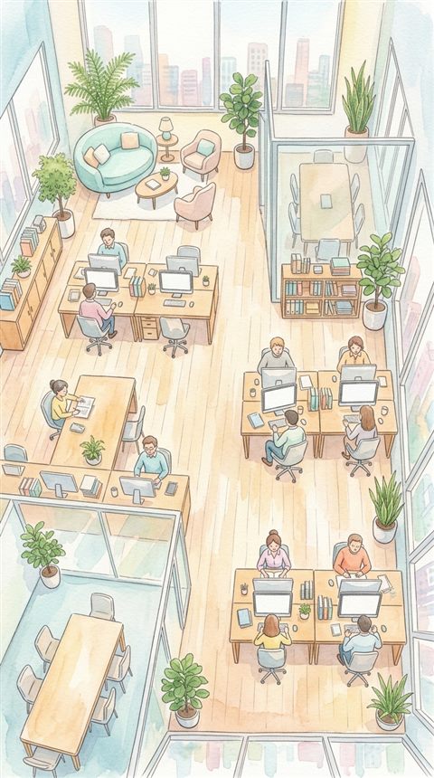 현대적인 사무실, 수채화 일러스트, 위에서 내려다본 구도, 부드러운 파스텔 색감, 밝고 포근한 분위기, 9:16 비율