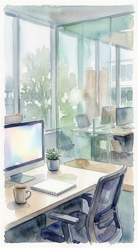 Watercolor illustration of modern office, close-up detail with shallow depth of field, misty morning haze, dreamy, 9:16 aspect ratio