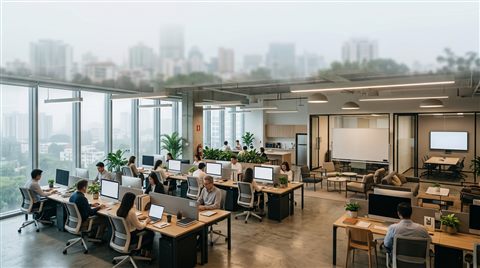 Photorealistic photo of modern office, wide shot with open space at the top for text, misty morning haze, dreamy, 16:9 aspect ratio
