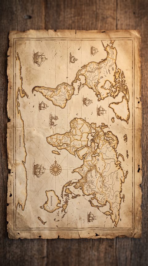 Soft 3d render of antique world map on parchment, high-angle view from above, warm golden light, calm mood, 9:16 aspect ratio