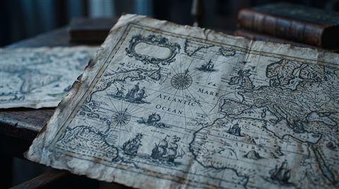 Cinematic film still of antique world map on parchment, close-up detail with shallow depth of field, cool blue tones, quiet atmosphere, 16:9 aspect ratio