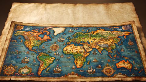 Soft 3d render of antique world map on parchment, wide shot with open space at the top for text, vivid colors, high contrast, energetic, 16:9 aspect ratio