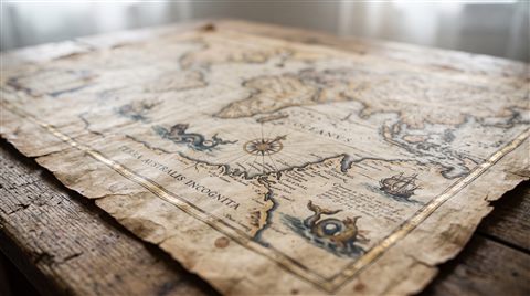 Photorealistic photo of antique world map on parchment, close-up detail with shallow depth of field, misty morning haze, dreamy, 16:9 aspect ratio
