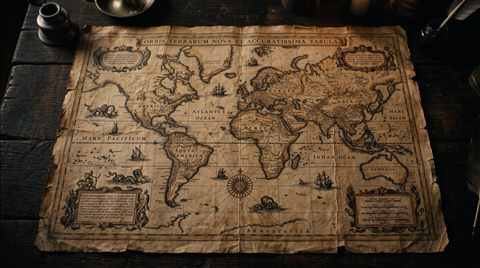 Cinematic film still of antique world map on parchment, high-angle view from above, moody dark tones, dramatic lighting, 16:9 aspect ratio