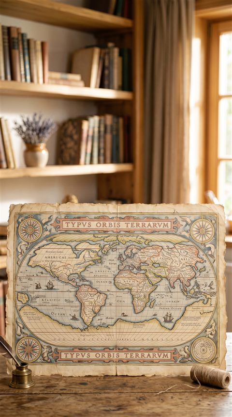 Cinematic film still of antique world map on parchment, wide shot with open space at the top for text, soft pastel colors, bright and cozy, 9:16 aspect ratio