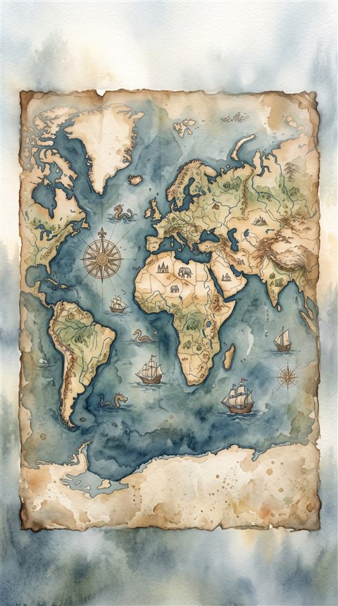 Watercolor illustration of antique world map on parchment, centered subject with a simple uncluttered composition, misty morning haze, dreamy, 9:16 aspect ratio