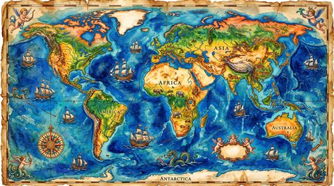 Watercolor illustration of antique world map on parchment, high-angle view from above, vivid colors, high contrast, energetic, 16:9 aspect ratio