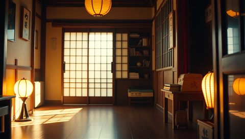 Cinematic film still of Cozy traditional interior with warm wooden flooring and soft light passing through a paper sliding door, close-up detail with shallow depth of field, vivid colors, high contrast, energetic, 16:9 aspect ratio