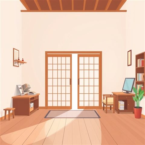 Minimal flat illustration of Cozy traditional interior with warm wooden flooring and soft light passing through a paper sliding door, wide shot with open space at the top for text, soft pastel colors, bright and cozy, 1:1 aspect ratio
