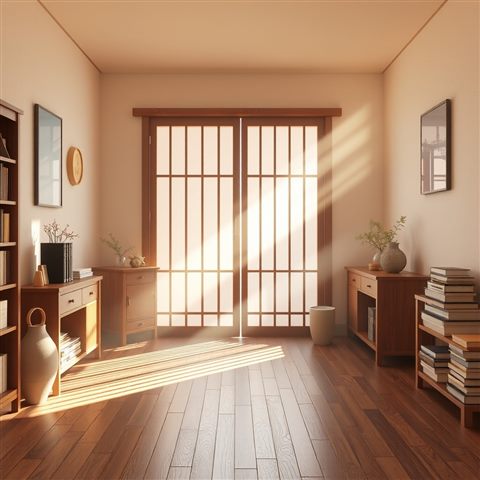 Soft 3D render of Cozy traditional interior with warm wooden flooring and soft light passing through a paper sliding door, wide shot with open space at the top for text, misty morning haze, dreamy, 1:1 aspect ratio