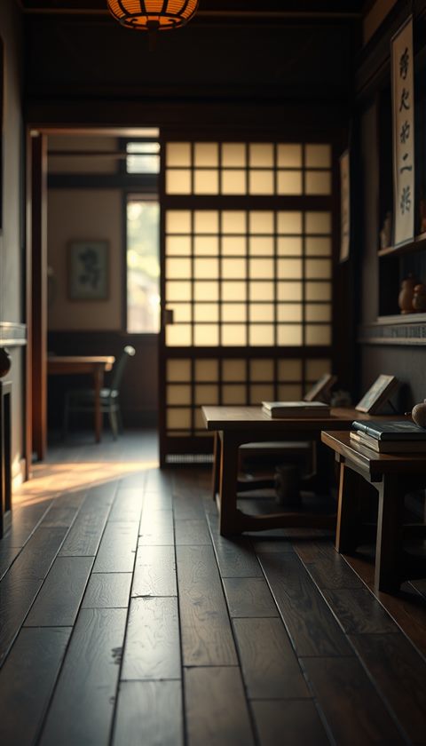 Photorealistic photo of Cozy traditional interior with warm wooden flooring and soft light passing through a paper sliding door, close-up detail with shallow depth of field, moody dark tones, dramatic lighting, 9:16 aspect ratio