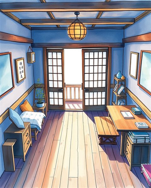 Watercolor illustration of Cozy traditional interior with warm wooden flooring and soft light passing through a paper sliding door, high-angle view from above, cool blue tones, quiet atmosphere, 4:5 aspect ratio