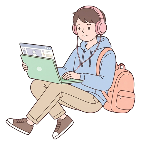 Simple cute flat cartoon illustration with soft pastel colors and thin clean dark outlines of a university student man, student taking an online class on a laptop wearing headphones, transparent background PNG