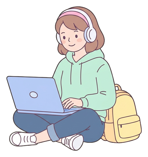 Simple cute flat cartoon illustration with soft pastel colors and thin clean dark outlines of a university student woman, student taking an online class on a laptop wearing headphones, transparent background PNG