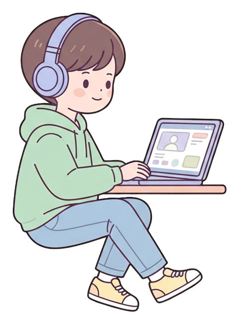 Simple cute flat cartoon illustration with soft pastel colors and thin clean dark outlines of a high school boy, student taking an online class on a laptop wearing headphones, transparent background PNG
