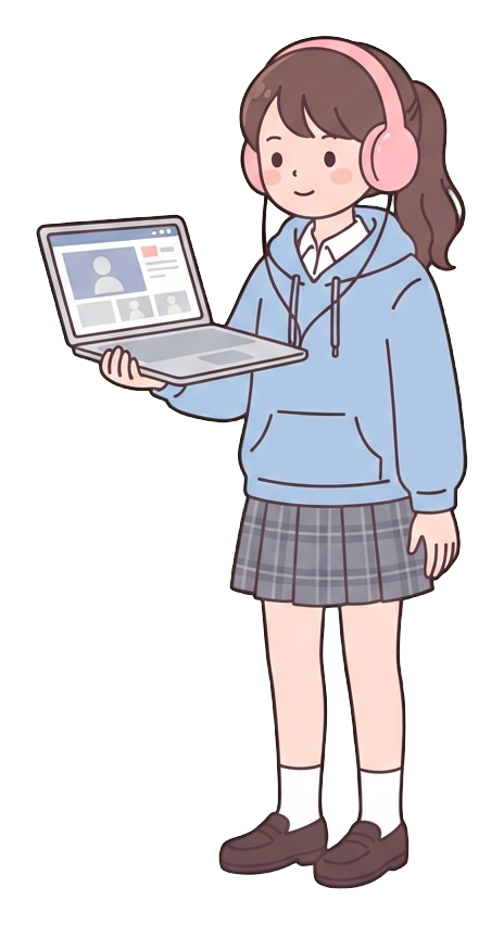 Simple cute flat cartoon illustration with soft pastel colors and thin clean dark outlines of a high school girl, student taking an online class on a laptop wearing headphones, transparent background PNG