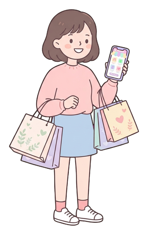 Simple cute flat cartoon illustration with soft pastel colors and thin clean dark outlines of a young woman, person shopping online on a smartphone with shopping bags, transparent background PNG