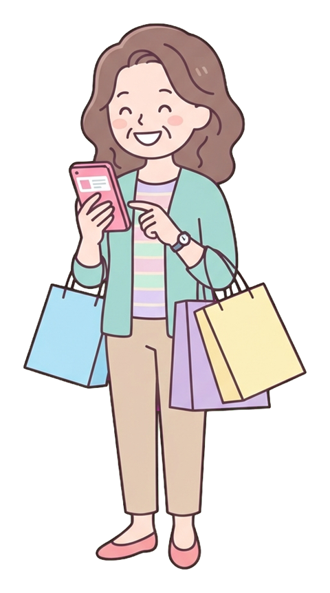 Simple cute flat cartoon illustration with soft pastel colors and thin clean dark outlines of a middle-aged woman, person shopping online on a smartphone with shopping bags, transparent background PNG