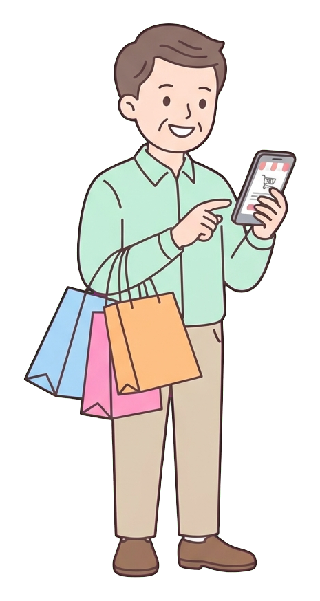 Simple cute flat cartoon illustration with soft pastel colors and thin clean dark outlines of a middle-aged man, person shopping online on a smartphone with shopping bags, transparent background PNG