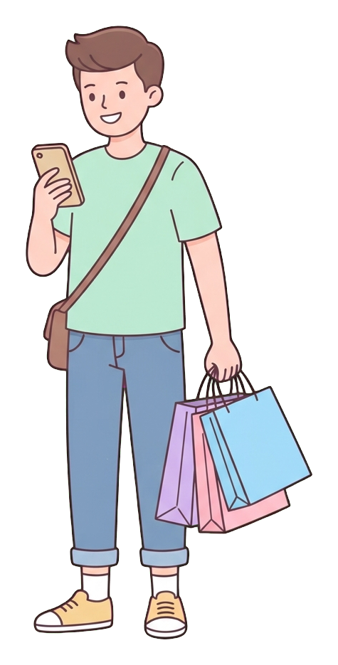 Simple cute flat cartoon illustration with soft pastel colors and thin clean dark outlines of a young man, person shopping online on a smartphone with shopping bags, transparent background PNG