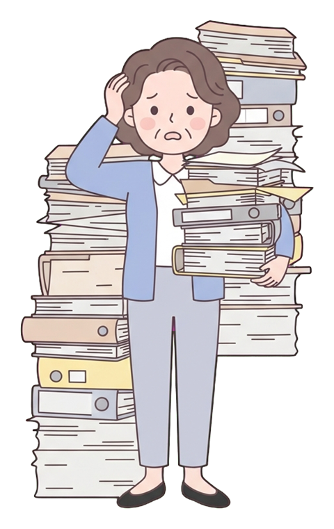 Simple cute flat cartoon illustration with soft pastel colors and thin clean dark outlines of a middle-aged woman, overwhelmed office worker behind tall stacks of papers, transparent background PNG