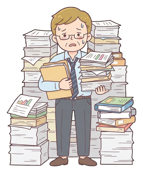Simple cute flat cartoon illustration with soft pastel colors and thin clean dark outlines of a middle-aged man, overwhelmed office worker behind tall stacks of papers, transparent background PNG