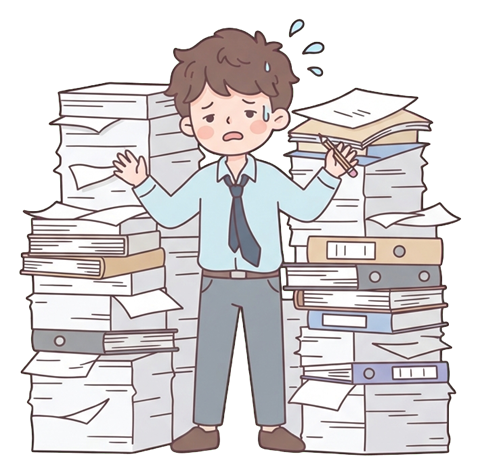 Simple cute flat cartoon illustration with soft pastel colors and thin clean dark outlines of a young man, overwhelmed office worker behind tall stacks of papers, transparent background PNG