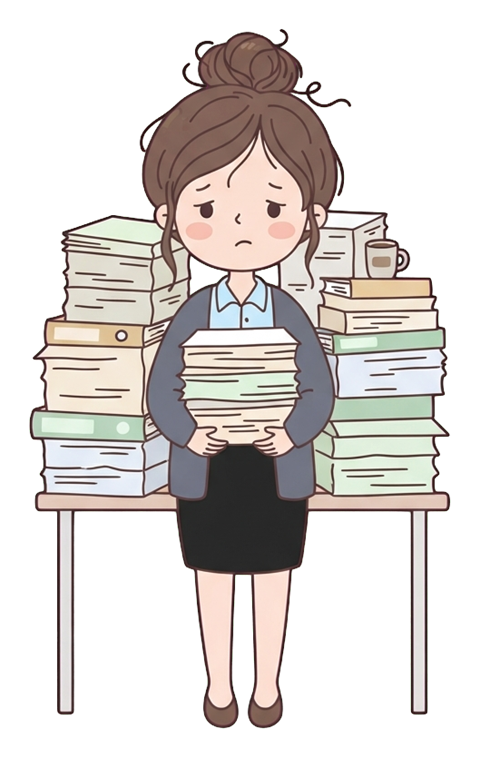 Simple cute flat cartoon illustration with soft pastel colors and thin clean dark outlines of a young woman, overwhelmed office worker behind tall stacks of papers, transparent background PNG