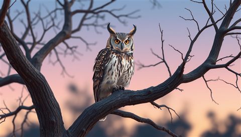 Minimal flat illustration of A majestic horned owl perched on a branch of an old tree at twilight, close-up detail with shallow depth of field, soft pastel colors, bright and cozy, 16:9 aspect ratio