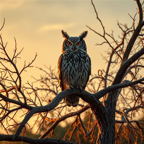Photorealistic photo of A majestic horned owl perched on a branch of an old tree at twilight, high-angle view from above, warm golden light, calm mood, 1:1 aspect ratio