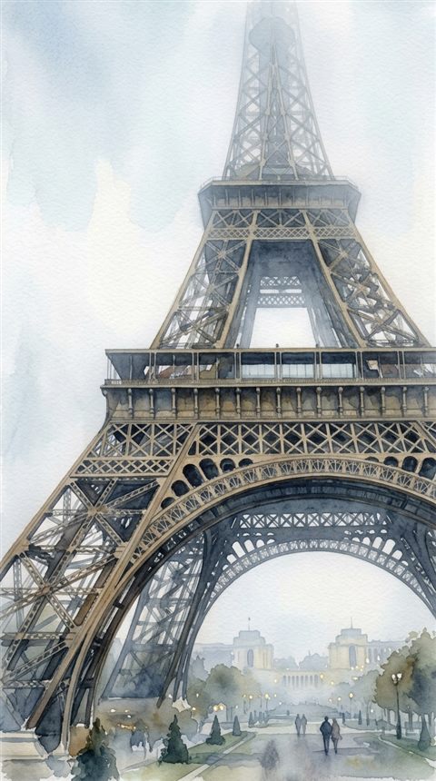 Watercolor illustration of the Eiffel Tower in Paris, close-up detail with shallow depth of field, misty morning haze, dreamy, 9:16 aspect ratio