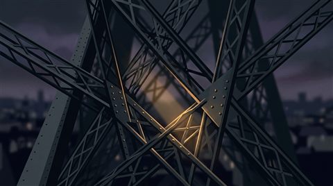 Minimal flat illustration of the Eiffel Tower in Paris, close-up detail with shallow depth of field, moody dark tones, dramatic lighting, 16:9 aspect ratio