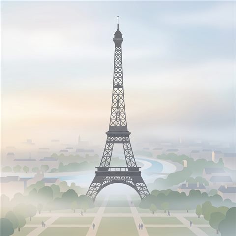 Minimal flat illustration of the Eiffel Tower in Paris, centered subject with a simple uncluttered composition, misty morning haze, dreamy, 1:1 aspect ratio