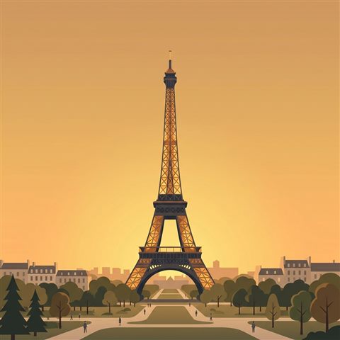 Minimal flat illustration of the Eiffel Tower in Paris, wide shot with open space at the top for text, warm golden light, calm mood, 1:1 aspect ratio