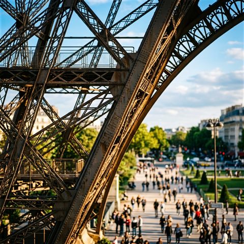 Photorealistic photo of the Eiffel Tower in Paris, close-up detail with shallow depth of field, vivid colors, high contrast, energetic, 1:1 aspect ratio