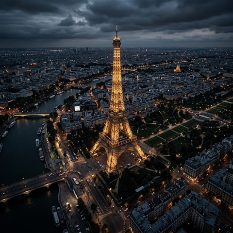Soft 3d render of the Eiffel Tower in Paris, high-angle view from above, moody dark tones, dramatic lighting, 1:1 aspect ratio