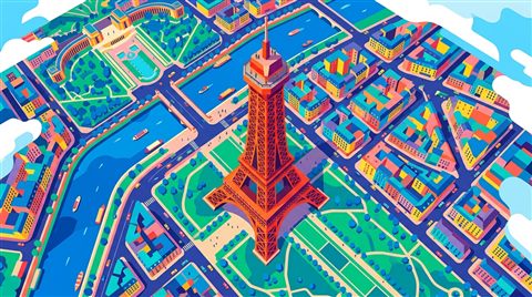 Minimal flat illustration of the Eiffel Tower in Paris, high-angle view from above, vivid colors, high contrast, energetic, 16:9 aspect ratio