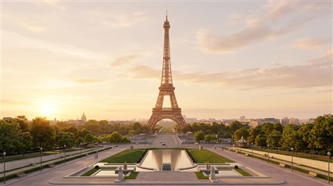 Soft 3d render of the Eiffel Tower in Paris, centered subject with a simple uncluttered composition, warm golden light, calm mood, 16:9 aspect ratio