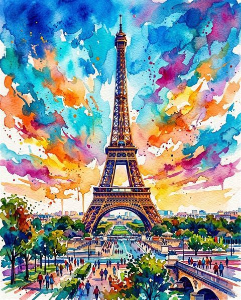 Watercolor illustration of the Eiffel Tower in Paris, centered subject with a simple uncluttered composition, vivid colors, high contrast, energetic, 4:5 aspect ratio