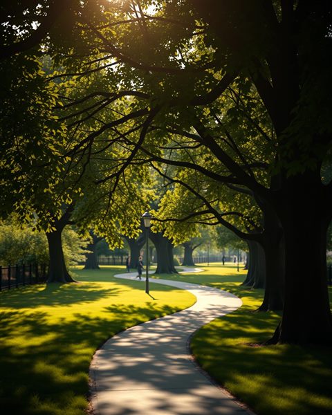 Photorealistic photo of A sunny green park with large leafy trees and a winding walking path during daytime, close-up detail with shallow depth of field, moody dark tones, dramatic lighting, 4:5 aspect ratio