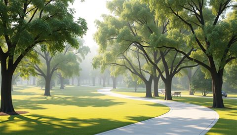 Soft 3D render of A sunny green park with large leafy trees and a winding walking path during daytime, wide shot with open space at the top for text, misty morning haze, dreamy, 16:9 aspect ratio