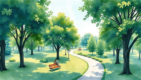 Watercolor illustration of A sunny green park with large leafy trees and a winding walking path during daytime, high-angle view from above, cool blue tones, quiet atmosphere, 16:9 aspect ratio