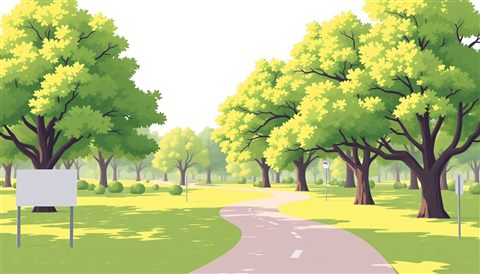 Minimal flat illustration of A sunny green park with large leafy trees and a winding walking path during daytime, wide shot with open space at the top for text, soft pastel colors, bright and cozy, 16:9 aspect ratio
