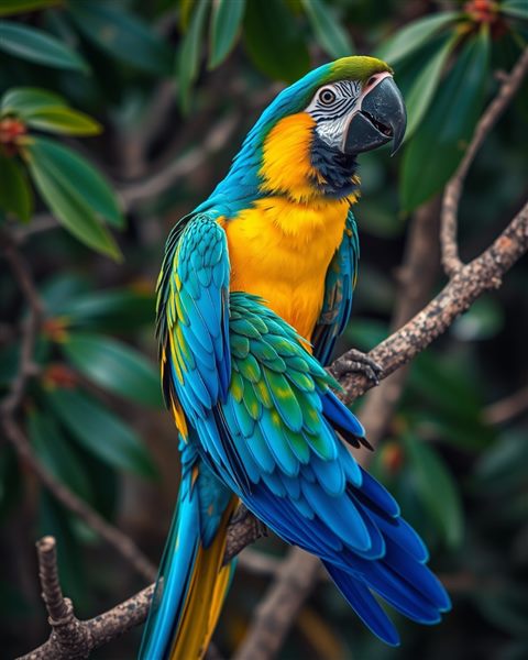 Cinematic film still of A vibrant tropical macaw with bright blue and yellow feathers perched gracefully on a tree branch., high-angle view from above, vivid colors, high contrast, energetic, 4:5 aspect ratio