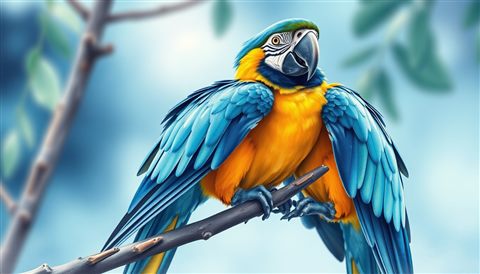 Watercolor illustration of A vibrant tropical macaw with bright blue and yellow feathers perched gracefully on a tree branch., close-up detail with shallow depth of field, cool blue tones, quiet atmosphere, 16:9 aspect ratio